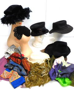 Lot 23 - Box lot of Vintage Ladies Hats & Scarves incl Black Felt Hats, 50s