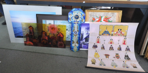 Lot 33 - Group Lot of Prints & Pic incl Resin Art Clock, Oriental Fabric Wal