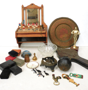 Lot 37 - Mixed Box lot inc Wall mounting Mirrored wooden shelf, Fire Bellows, Br