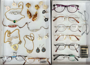 Lot 44 - Group costume jewellery - bling, necklaces, earrings etc, glasses frame
