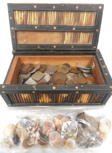 Lot 53 - Porcupine Quill Box (17cm) and contents, incl foreign and Australian co