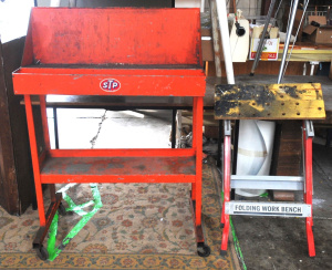 Lot 60 - 2 x Vintage Garage Items Incl Metal Orange Painted Tool Stand on Wheels