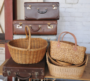 Lot 63 - Group Lot of Vintage Cases & Cane Baskets incl Briefcase, Travel Ca