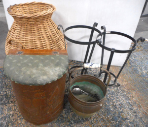 Lot 71 - Group vintage Household items, incl Coal Scuttle, Firewood Box with shi