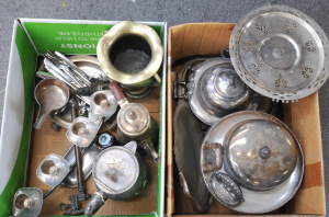 Lot 74 - 2 x Boxes of Vintage EPNS incl Brass Gasolier, Reproduction Roman Trull