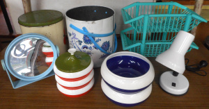 Lot 80 - Group Retro household items, incl Colourful stacking cannisters, desk l