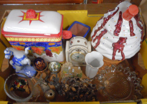 Lot 81 - Mixed Box lot Ceramics, Glass, Biscuit Barrels, Clock etc