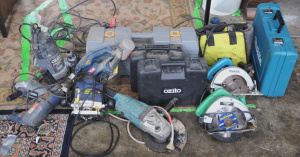 Lot 82 - Lot of Assorted Power Tools incl Makita Circular Saw, GMC Router, Ryobi