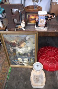 Lot 92 - Mixed Group lot, incl metal letter E, pouffe, scales, framed pictures,