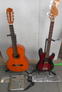 Lot 94 - 2 x Guitars - solid body Bass and Classical - with stands, plus 2 packs