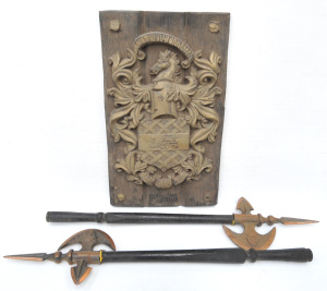 Lot 110 - Pair of Decorative Medieval Halberds & Heraldic Crest Wallhang on
