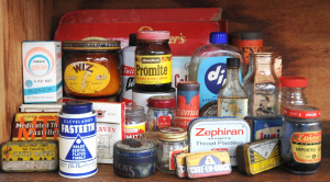 Lot 128 - Lot of Vintage Tins & Containers incl Cure'Em Quick Couch Lollies,