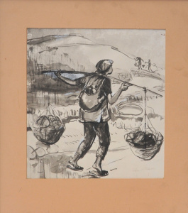 Lot 135 - Ailsa O'Connor (1921 - 1980) Framed Ink & wash - Carrying Baskets