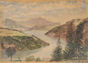Lot 142 - Artist Unknown Mounted c1886 Watercolour - Mountainous Lake scene - Si