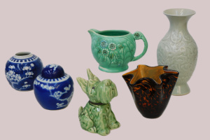Lot 155 - Group lot of vintage Ceramics & Glass inc English Jug with raised