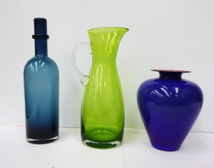 Lot 166 - 3 x Pieces - Colourful Art Glass - Blue Vase w Orange Casing, Blue Bot