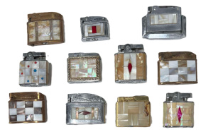 Lot 174 - Group Colourful Vintage cigarette Lighters with Mother-of-pearl inlay