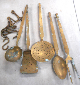 Lot 175 - Group Brass Kitchen Utensils and Hooks