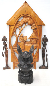 Lot 206 - 4 x Carved Wooden Items incl 2 x Figures of Women w Baskets (one AF),