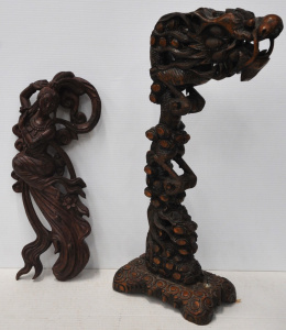 Lot 213 - 2 x Carved Oriental Wooden Items incl Carved Wooden Dragon tyle Lamp (