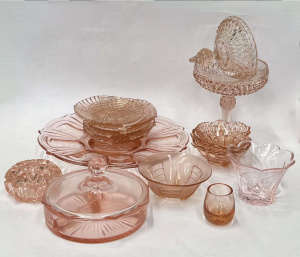 Lot 219 - Group peach glass, mainly Depression - platter, bowls, lidded centrepi