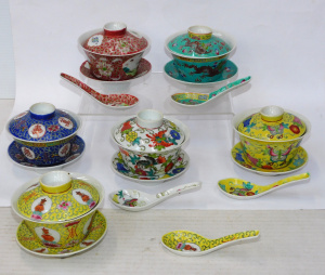 Lot 255 - Set of 6 Chinese Gaiwans & Saucers with Spoons (2 w minor chips -
