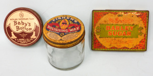 Lot 264 - 3 x Vintage tins & jars inc MacRobertsons Barley Sugar 6oz, Babys
