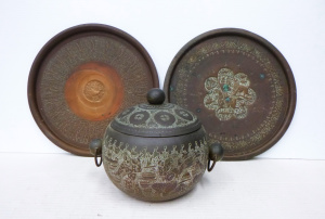 Lot 319 - 3 x Vintage Eastern copper items incl, lidded ice bucket with figures
