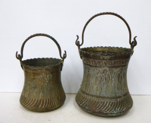 Lot 322 - 2 x Vintage Eastern Copper Buckets with Persian like figures decoratio