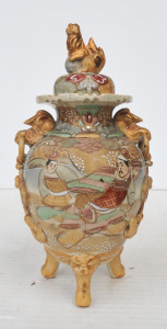 Lot 325 - c1910 Japanese Tri-Footed Lidded Urn w Hand Painted Decorations