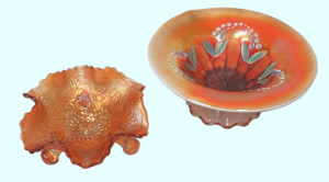 Lot 326 - 2 x Pieces - Vintage Marigold Carnival Glass - Fenton 'Water Lily' tri
