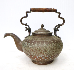 Lot 336 - Vintage large heavy Eastern Copper teapot with floral decoration to t