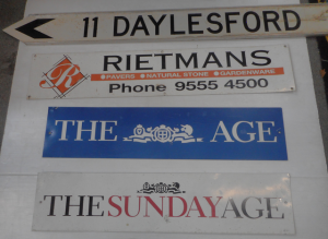 4 x Metal signs, incl The Age, Sunday Age, etc
