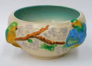c1940s Clarice Cliff Newport Pottery Budgerigar Bowl - 23cm D Hand painted wit