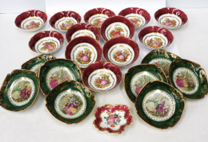 Group lot of Fench Limoges inc Set of 12 bowls burgundy & gilt with courting