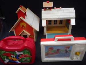 Group lot plastic kids toys, incl 2 x Fisher-Price Play Family Schools, Woody Wo