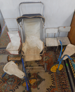 Group lot Vintage Kids items, incl Pushers, Tricycles, Chairs, etc