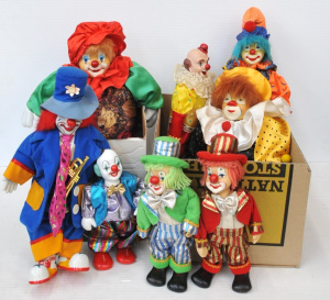 Lot 111 - 2 x Boxes of Assorted Plush & Ceramic Clown Figueres - Largest is