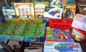 Lot 19 - Group lot toys and Games, incl Mini Foosball Table, Hungry hippo, boxed