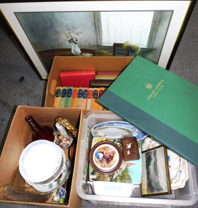Lot 20 - 2 x Boxes & framed decorative print inc Ceramics, Corningware, tins