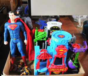 Lot 35 - Box Mixed Toys & Other incl Batman Figure, Superman Daily Planet Pl