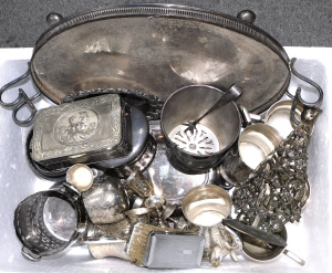 Lot 63 - Box lot Metal Ware inc EPNS trays, Serving Ware, Ice Bucket white metal