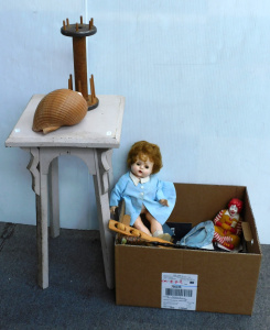 Lot 83 - Box Lot & Wooden painted pedestal inc Vintage wooden textile spool,