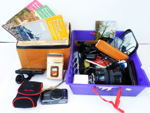 Lot 85 - Mixed Box lot inc Vintage Slide rule, boxed Shure M91ED record player n