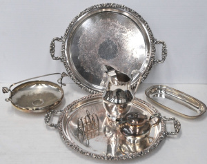 Lot 87 - Group lot of EPNS inc 2 x Heckworth Lge round handled trays w raised gr