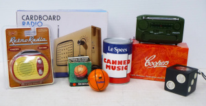 Lot 89 - Group lot of Novelty portable radios inc Dice shape, Packaged Retro, Ca