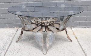 Lot 105 - Brutalist Wrought Iron Coffee Table w Round Glass Top - Approx 90cm D