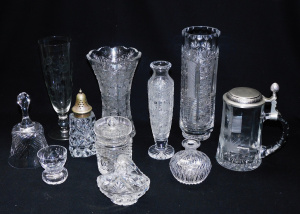 Lot 123 - Group lot of Crystal & Glass inc Sugar Sifter w EPNS lid, Vases, B