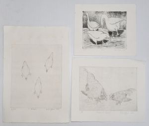Lot 127 - Bill Offord (1944 - ) 3 x Unframed Etchings - Geese, 3 Chooks + Bantam