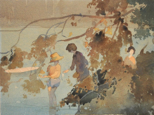 Lot 150 - Artist Unknown Unframed c1920 - 30s Watercolour - Figures by the River